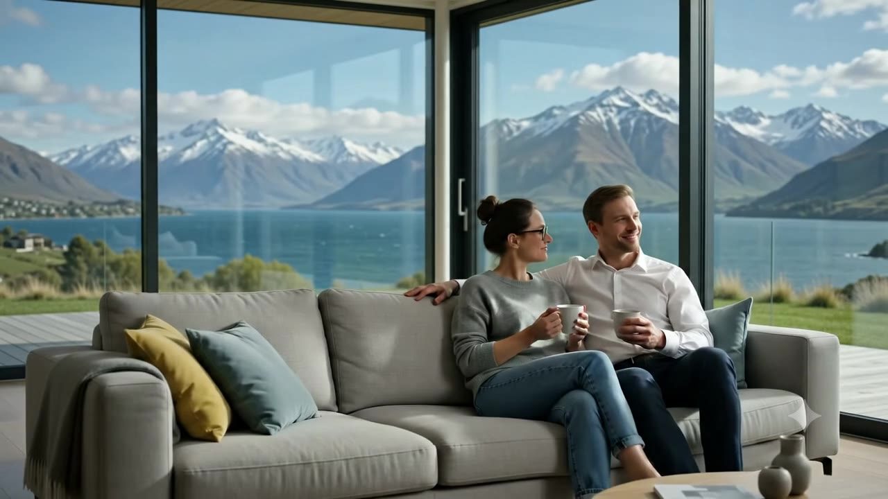 A finished Checa home interior looking onto a lake and mountains